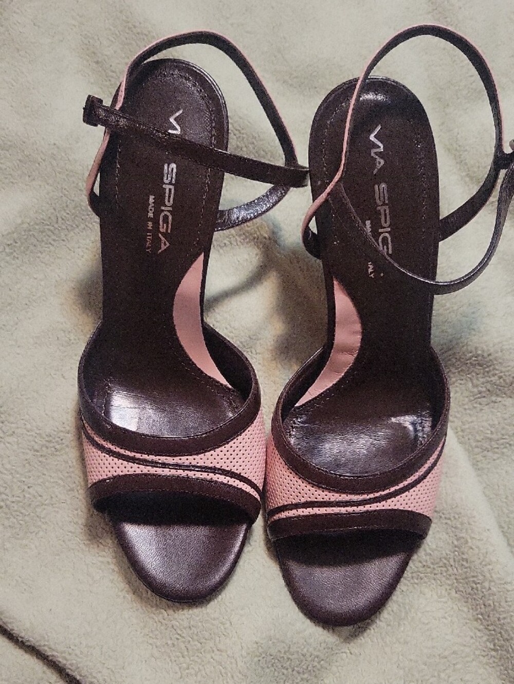 Via Spiga Pink and Black Perforated Open-Toe Ankle-Strap Heels